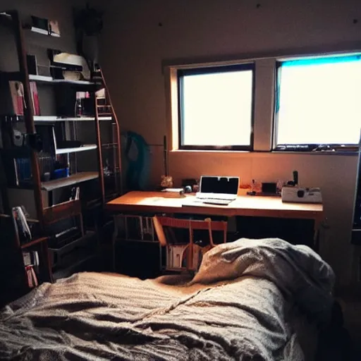 Prompt: a hikikomori computer hacker bedroom, wooden shelving, brandy melville campaign, anime poster collection, computer monitors, messy, highly detailed # no filter, realistic