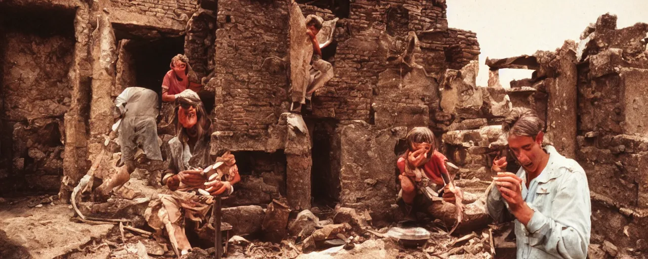 Prompt: archaeologists discovering ancient ruins of spaghetti, canon 5 0 mm, high detailed face, facial expression, cinematic lighting, photography, retro, film, kodachrome