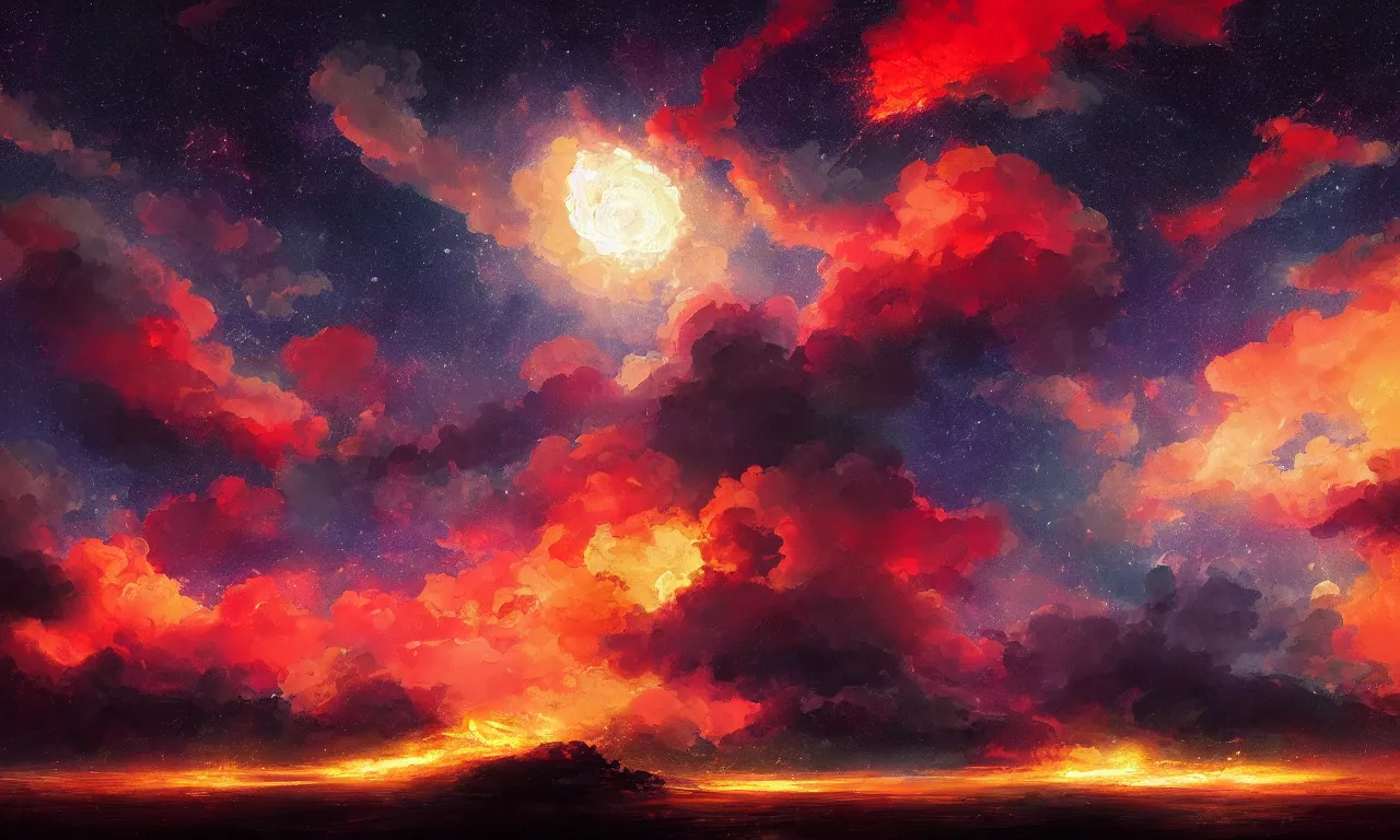 Image similar to a beautiful painting of fire sea, starry sky, moon ， cloud, by liam wong and yuumei and yanjun chen, trending on artstation