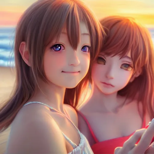 Prompt: beautiful serene intricate very detailed portrait of two anime girls taking a selfie in real life, smiling softly, relaxing on the beach, golden hour, soft focus, 8 k, art by irakli nadar, hyperrealism, hyperdetailed, ultra realistic