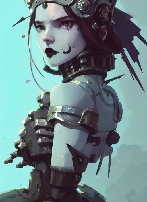 Image similar to portrait of cute goth maiden girl with crown of thorns in cyber armor, warhammer, cyberpunk, by atey ghailan, by greg rutkowski, by greg tocchini, by james gilleard, by joe fenton, by kaethe butcher, dynamic lighting, gradient light blue, brown, blonde cream and white color in scheme, grunge aesthetic