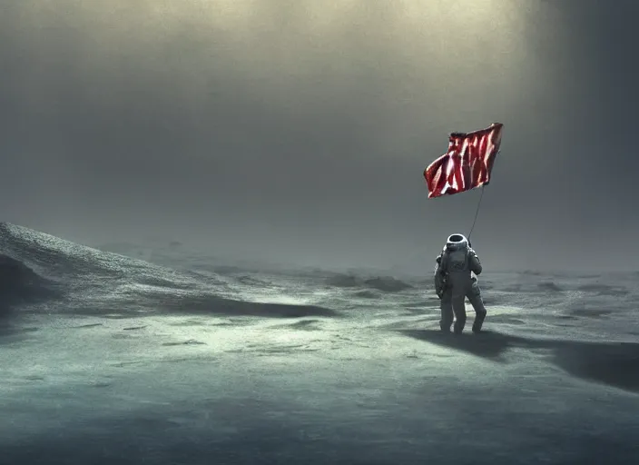 Image similar to astronaut holding a flag in an underwater desert. a submarine is visible in the distance. dark, concept art, cinematic, dramatic, atmospheric, 8 k, trending on artstation, blue, fish, low visibility, fog, ocean floor, christopher nolan, interstellar