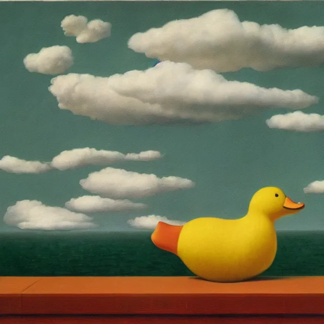 Prompt: a painting titled banana duck by rene magritte, in the style of magritte