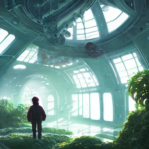 Image similar to , boy with grandma in scifi green house, spaceship, plants, stephen bliss, misty, unreal engine, fantasy art by greg rutkowski, loish, ferdinand knab, and lois van rossdraws, global illumination, radiant light, minimalist, detailed and intricate environment