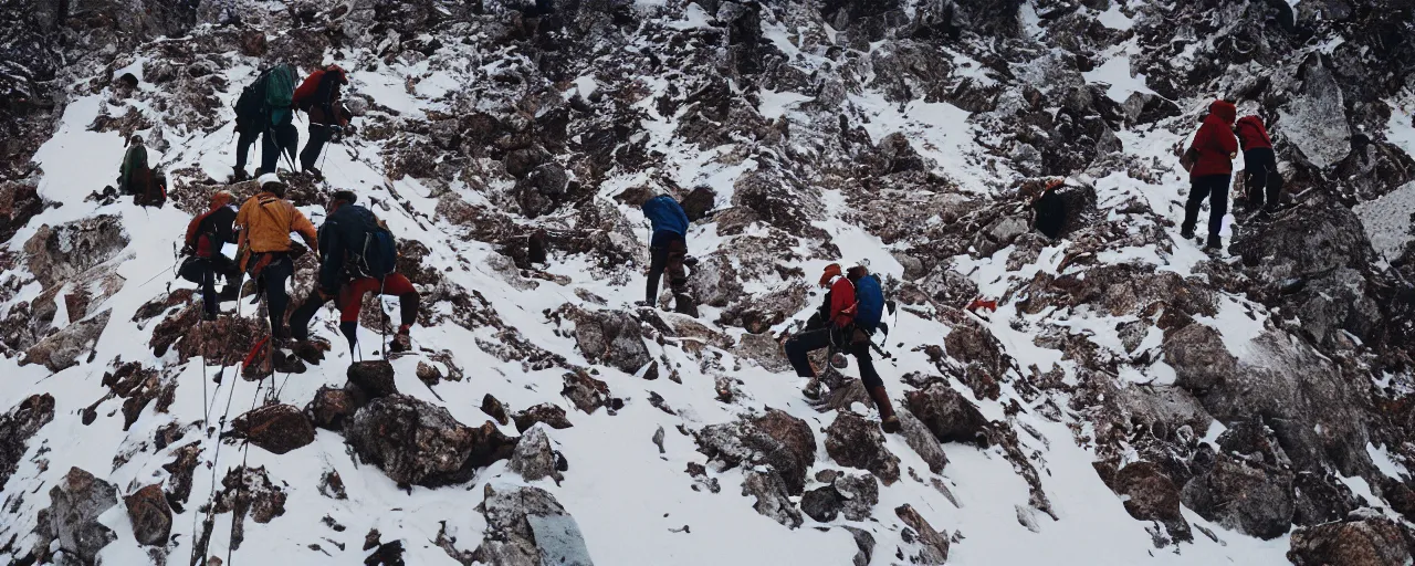 Prompt: hikers climbing over a mound of spaghetti on top of a frozen mountain, canon 5 0 mm, cinematic lighting, photography, retro, film, kodachrome