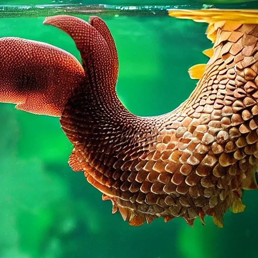 Image similar to a Goldfish with the armor of a pangolin, national geographic photograph