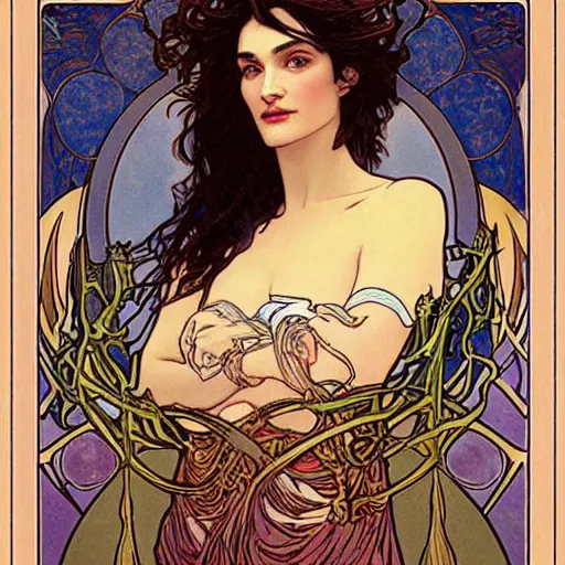 Prompt: rachel weisz portrait by louis - theophile hingre and alphonse mucha, realistic, sharp focus, zodiac signs, tarot cards, planets, ethereal, art nouveau, magic, moon, sun, crown, dreamy, royal, jewellery