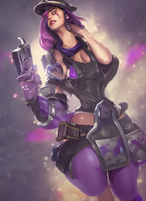 Prompt: caitlyn from league of legends, pointing gun towards the camera, wearing purple dress police hat, pearl skirt, hyper detailed, digital art, trending in artstation, cinematic lighting, studio quality, smooth render, unreal engine 5 rendered, octane rendered, art style by klimt and nixeu and ian sprigger and wlop and krenz cushart