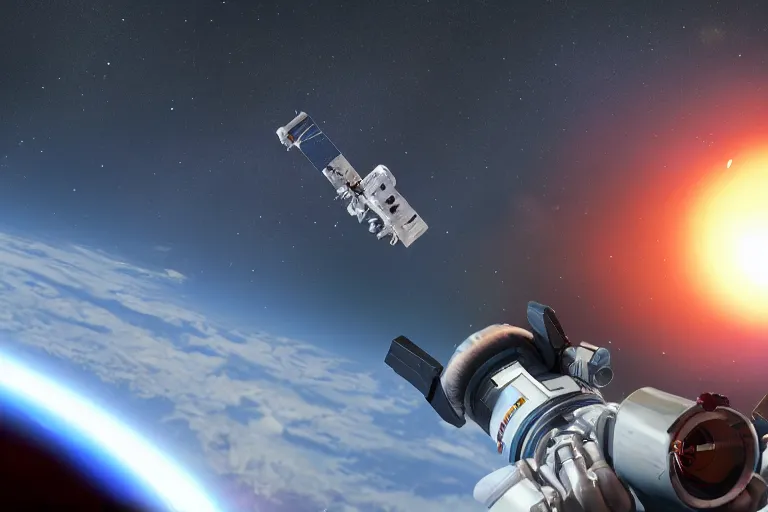 Prompt: astronaut aims a gun at a second astronaut, with earth in the background, unreal engine 5, dark space