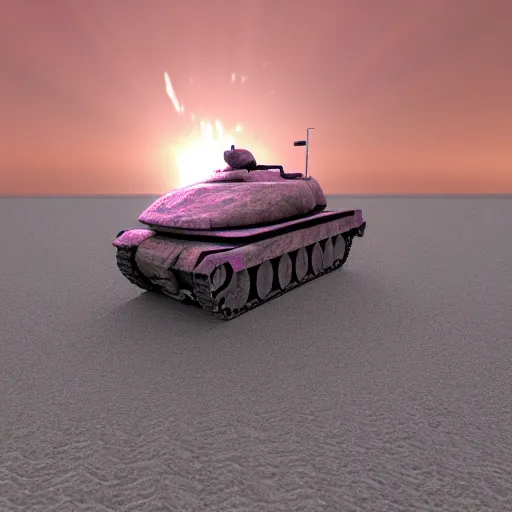 Image similar to a cycles render of a drunk tank pink beach in the metaverse, an abstract silver sculpture is center frame. Volumetric lighting, atmospheric, god rays. Small hyper realistic rocks are scattered on the floor.