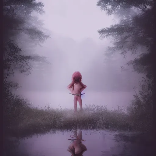 Prompt: forest girl child in a lake by ross tran, natural, fantasy, fog, artwork