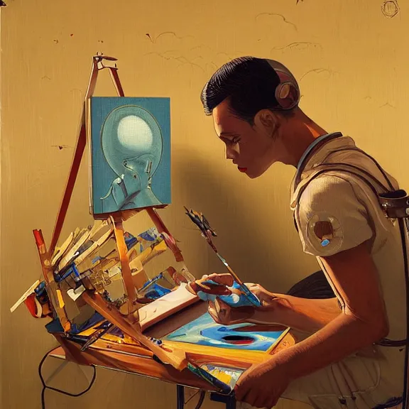 Image similar to robot artist painting a self - portrait on a canvas. intricate, highly detailed, photorealistic, digital matte painting, in the style of alexandros pyromallis, and in the style of sachin teng, and in the style of hans thoma, and in the style of gil elvgren. irony, recursion, golden hour.