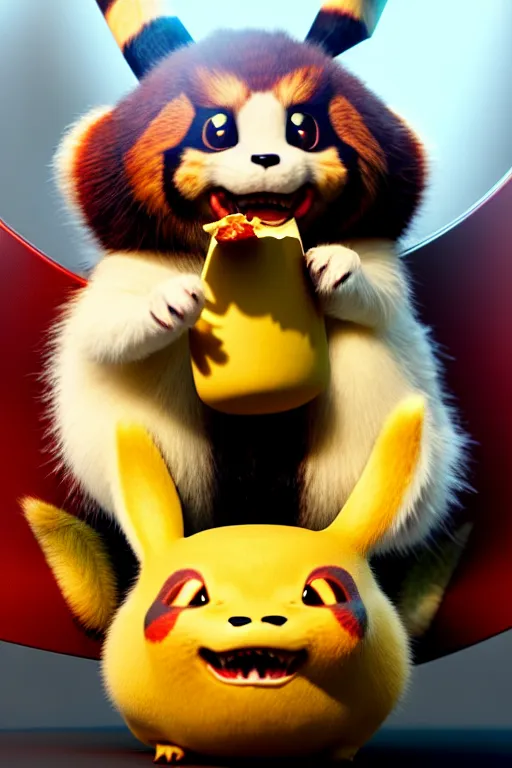 Image similar to high quality 3 d render hyperrealist very cute gothic grumpy dragon & red panda hybrid eating cheese, vray smooth, in the style of detective pikachu, very dramatic light, low angle, uhd 8 k, shallow depth or field