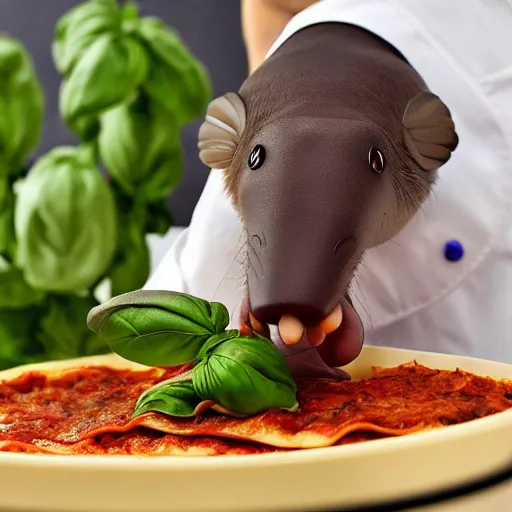 Prompt: platypus wearing a chef hat while cooking a lasagna with three basil leaves over the lasagna