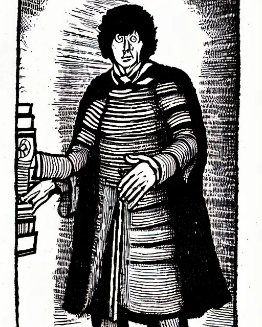 Image similar to b & w woodcut of tom baker's doctor who from the nuremberg chronicle, 1 4 9 3, restored, hq scan