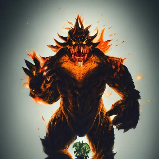 Image similar to https://i.ibb.co/7GjXpG9/evil-giga-bowser-by-bigboss0007-de3sr14-fullview.jpg GigaBowser Demon roaring into the sky breathing fire, muscular arms, standing upright, talons, horns, super Mario, horror, silent Hill landscape, highly detailed, ruined kingdom, Masahiro Ito