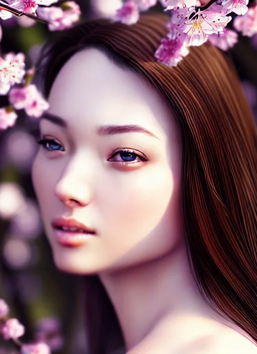 Image similar to photo of a gorgeous female in the style of stefan kostic, realistic, half body shot, sharp focus, 8 k high definition, insanely detailed, intricate, elegant, art by stanley lau and artgerm, extreme bokeh cherry blossoms