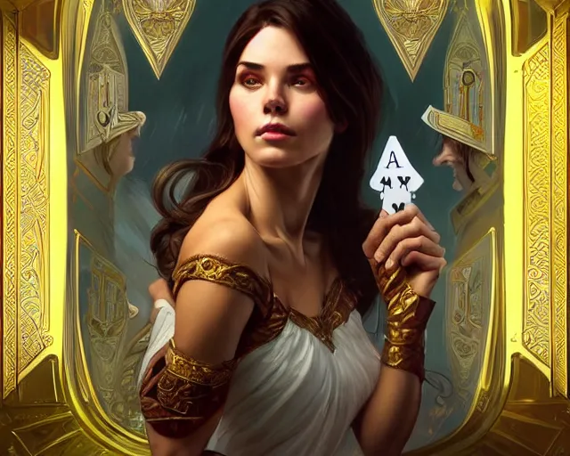 Image similar to royal flush, all in, poker, winner, smirk, deep focus, d & d, fantasy, intricate, elegant, highly detailed, digital painting, artstation, concept art, matte, sharp focus, illustration, hearthstone, art by artgerm and greg rutkowski and alphonse mucha