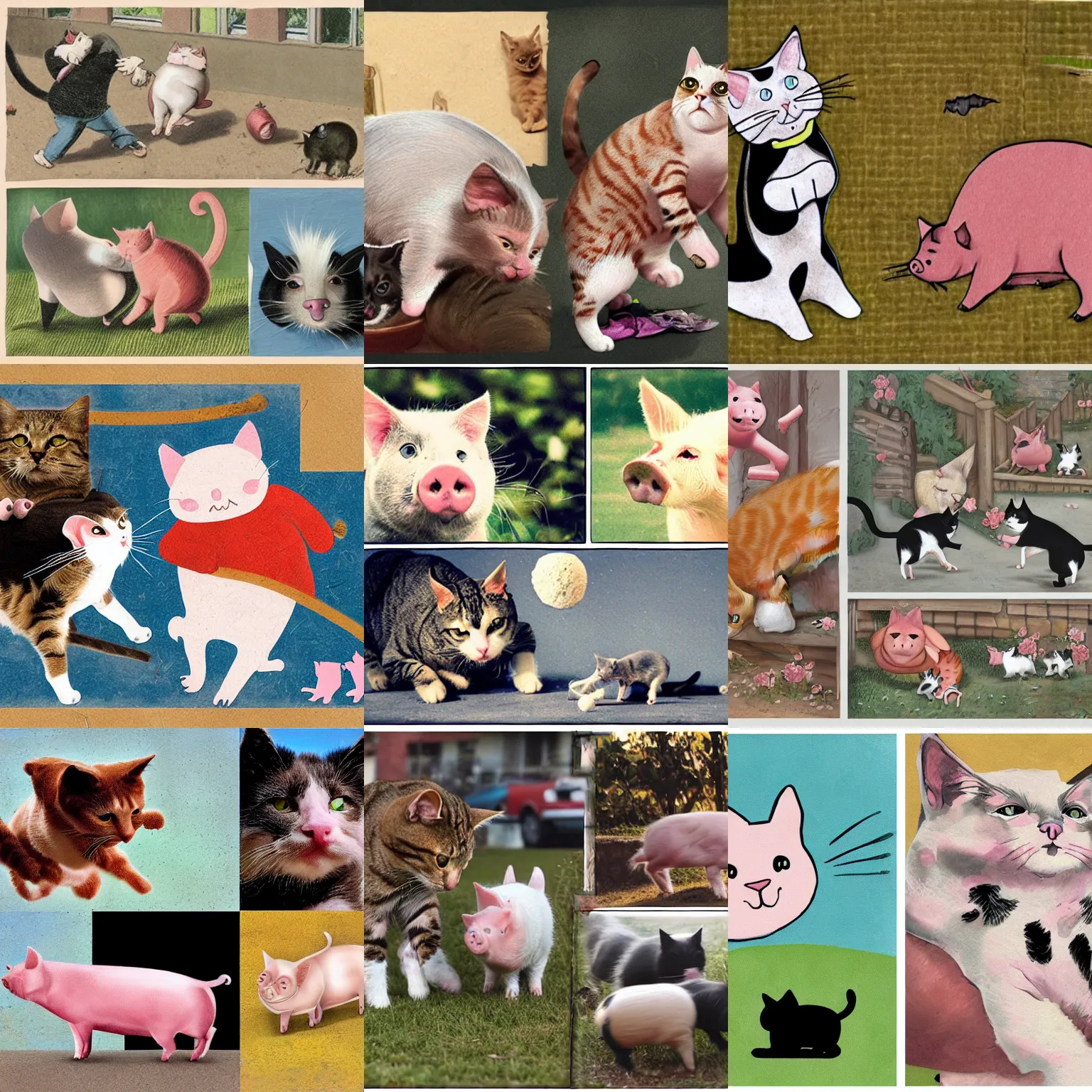 Prompt: cat and pig fighting, collage