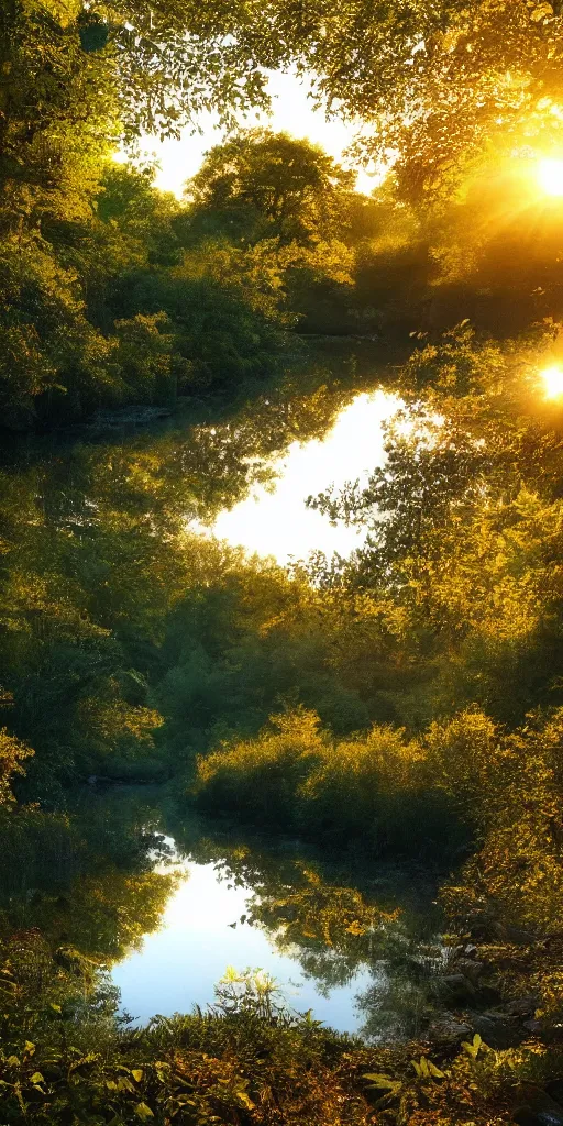 Image similar to river in a forest, golden hour, ray tracing reflection, 8k, hyper realistic, insainly detailed, hdr, octan render