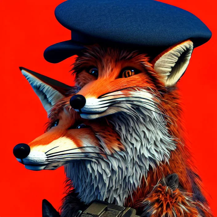 Image similar to hyperrealistic mixed media portrait an anthro fox wearing a beret and pointing a glock at the camera, stunning 3d render inspired art by P. Craig Russell and Barry Windsor-Smith + perfect facial symmetry + dim volumetric lighting, 8k octane beautifully detailed render, post-processing, extremely hyperdetailed, epic composition, grim yet sparkling atmosphere, cinematic lighting + masterpiece, trending on artstation