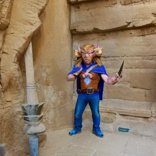 Image similar to a clash royale goblin with blonde long hair visiting Valle dei Templi, Agrigento, Italy