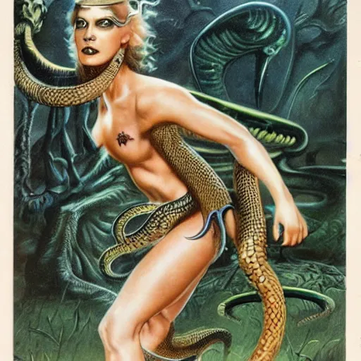 Image similar to illustrated by Boris Vallejo and H.R. Giger | Beautuful vintage photo of a warrior-girls with snakes and demons surrounded