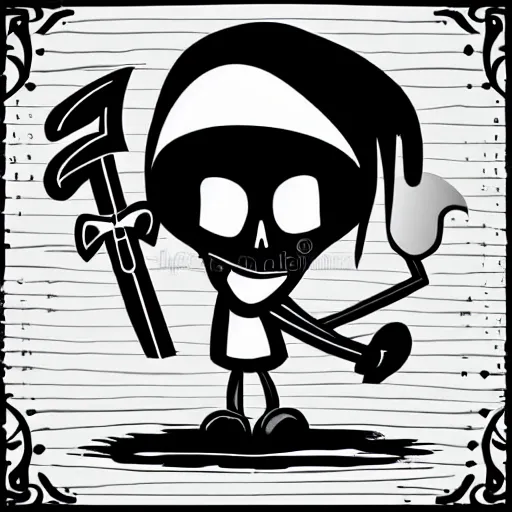 Image similar to cute cartoon drawing of a grim reaper with childish proportions holding a scythe, big head, big eyes, skull head, vector illustration, style of disney animation