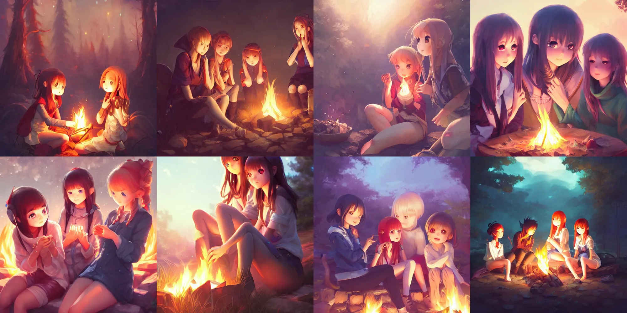 Prompt: very beautiful cute girls sitting around campfire at night, anime, super detailed faces and eyes, trending on artstation, pixiv, Unreal Engine 4k, Stanley Artgerm Lau, WLOP, Rossdraws, James Jean, Marc Simonetti, Sakimichan, illustration, digital art, concept art, manga cover