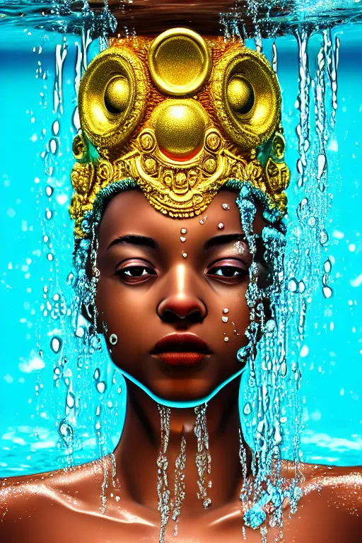 Image similar to hyperrealistic cinematic super expressive! oshun goddess immersed in water!, droplets dripping, gold ornate body jewely, highly detailed face, digital art masterpiece, smooth eric zener cam de leon, dramatic pearlescent turquoise light on one side, low angle uhd 8 k, shallow depth of field