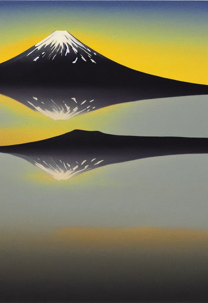 Prompt: mount fuji reflected on the lake surface at sunset, isolated on minimalist white acrylic base coat, acrylic airbrush collagepainting by jules julien, leslie david and lisa frank, dark monochrome neon color airbrush, mixed media painterly details, neoclassical composition, rule of thirds, design tension, impactful graphic design