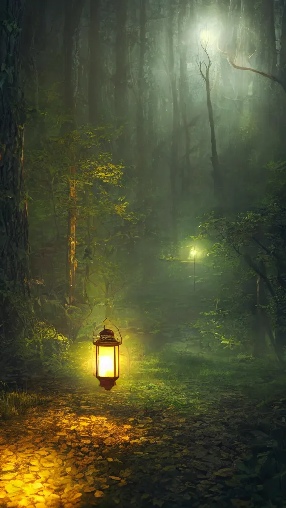 Prompt: glowing lantern in a fantasy forest at night, artstation hq, photorealistic, hiperrealistic, sharp focus, 4 k uhd, unreal engine 5, cinematic shot, cinematic lightning, dark tones, high contrast, intricate, masterpiece