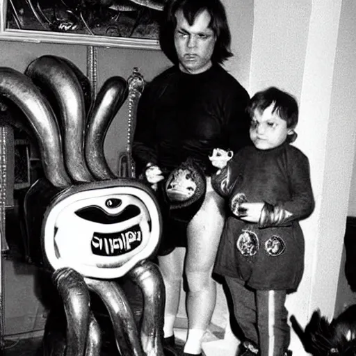 Prompt: Giger's Alien wearing a tutu at his birthday party, nostalgic 90's photo