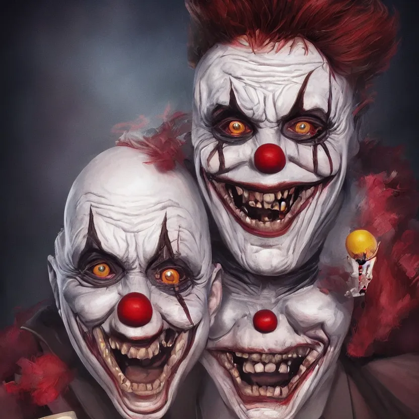 Prompt: hyperrealistic portait of Gerald Gallego as a killer clown from outer space, trending on artstation, portrait, sharp focus, illustration, art by artgerm and greg rutkowski and magali villeneuve