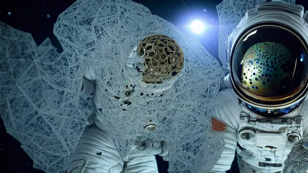 Image similar to a single astronaut eva suit interwoven with diamond 3d fractal lace iridescent bubble 3d skin and covered with insectoid compound eye camera lenses floats through the living room, film still from the movie directed by Denis Villeneuve with art direction by Salvador Dalí, wide lens,