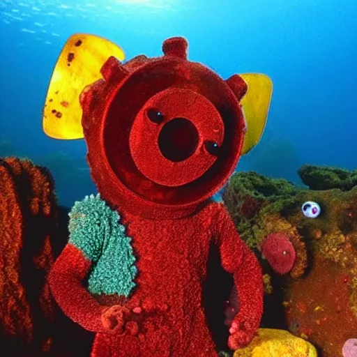 Image similar to rusted barnacle covered teletubby at the bottom of the ocean