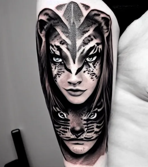 Image similar to tattoo design of a beautiful girl warrior under a tiger head, hyper realistic, realism tattoo, by eliot kohek, beautiful eyes, realistic face, black and white, white background