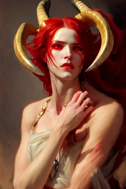 Image similar to painted close - up portrait of a attractive red - skinned intimidating demon cyborg girl with ram horns! oil painting, wearing a noblewoman's outfit, fantasy art by john singer sargent and gaston bussiere and james jean and greg rutkowski, demon noble character design, hd