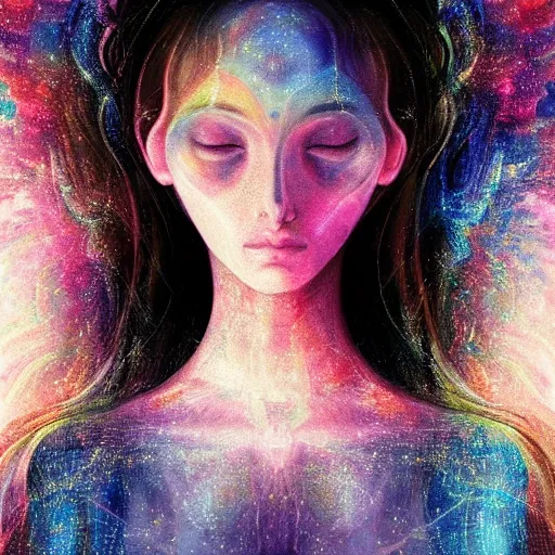 Image similar to beautiful detailed artistic portrait of a person travelling between different astral planes. grainy and rough. fine detail. soft colour scheme. artistic painting by lurid ( 2 0 2 2 ). featured on deviantart.