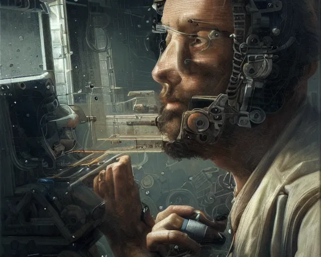 Image similar to portrait of a man building a machine in a science fiction futuristic environment, by ( leonardo da vinci ), sharp focus, intense emotion, illustration, centered, intricate, artstation, detailed facial expression, elegant, highly detailed, digital painting, concept art, wlop, smooth, detailed surroundings