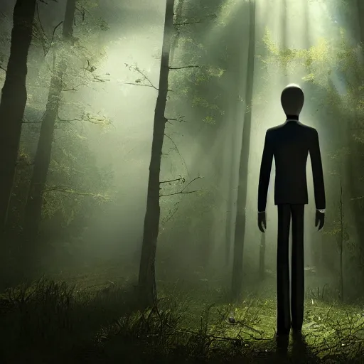 Prompt: photorealistic Slenderman in the woods, dynamic lighting, ultra realistic, trending on art station, ray tracing, sun rays