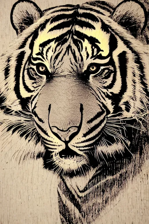 Image similar to a beautiful woodcut print of a indonesien tiger, 8 k, frostbite 3 engine, cryengine, dof, trending on artstation, digital art, crepuscular ray, art by roy l davies and tugboat printshop