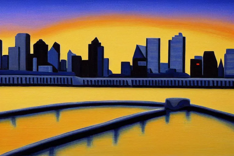 Image similar to winnipeg skyline, sunset, painting by lawren s harris, group of seven, 4 k