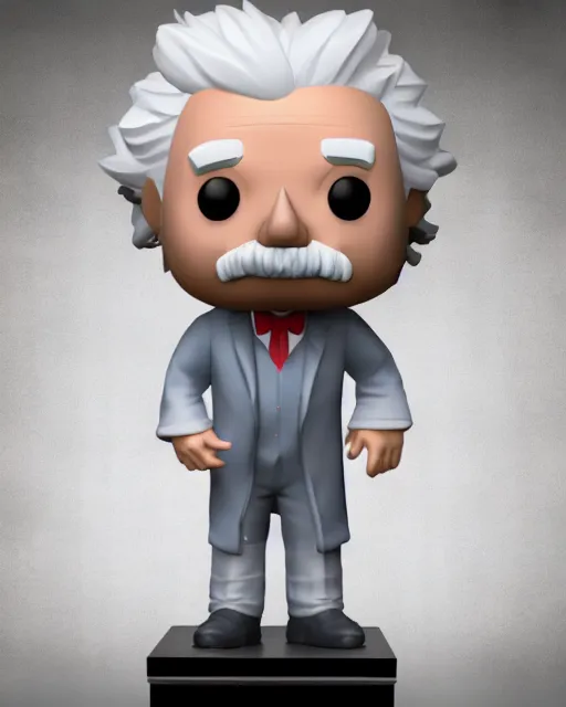 Prompt: full body 3 d render of albert einstein as a funko pop!, four, studio lighting, white background, single body, t pose, no shadow, blender, trending on artstation, 8 k, highly detailed