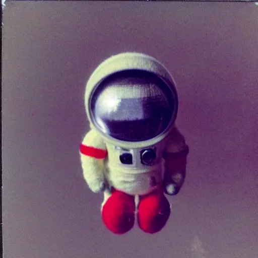 Image similar to polaroid of a cute toy wool astronaut in real space