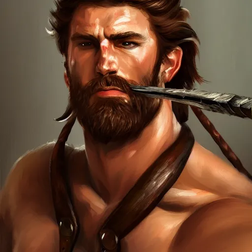 Image similar to portrait of a rugged warrior swinging an axe, muscular, upper body, hairy torso, D&D, fantasy, intricate, elegant, highly detailed, digital painting, artstation, concept art, matte, sharp focus, illustration