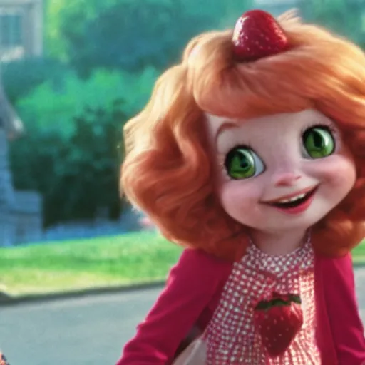 Image similar to Still of a movie adaptation of Strawberry Shortcake with Anne Hathaway, cinematic , technicolor