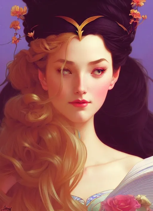 Image similar to portrait of disney sleeping beauty, intricate, elegant, highly detailed, my rendition, digital painting, artstation, concept art, smooth, sharp focus, illustration, art by artgerm and greg rutkowski and alphonse mucha and uang guangjian and gil elvgren and sachin teng, symmetry!!