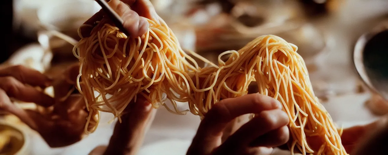 Image similar to an artist painting a portrait with spaghetti, canon 5 0 mm, cinematic lighting, photography, retro, film, kodachrome, closeup