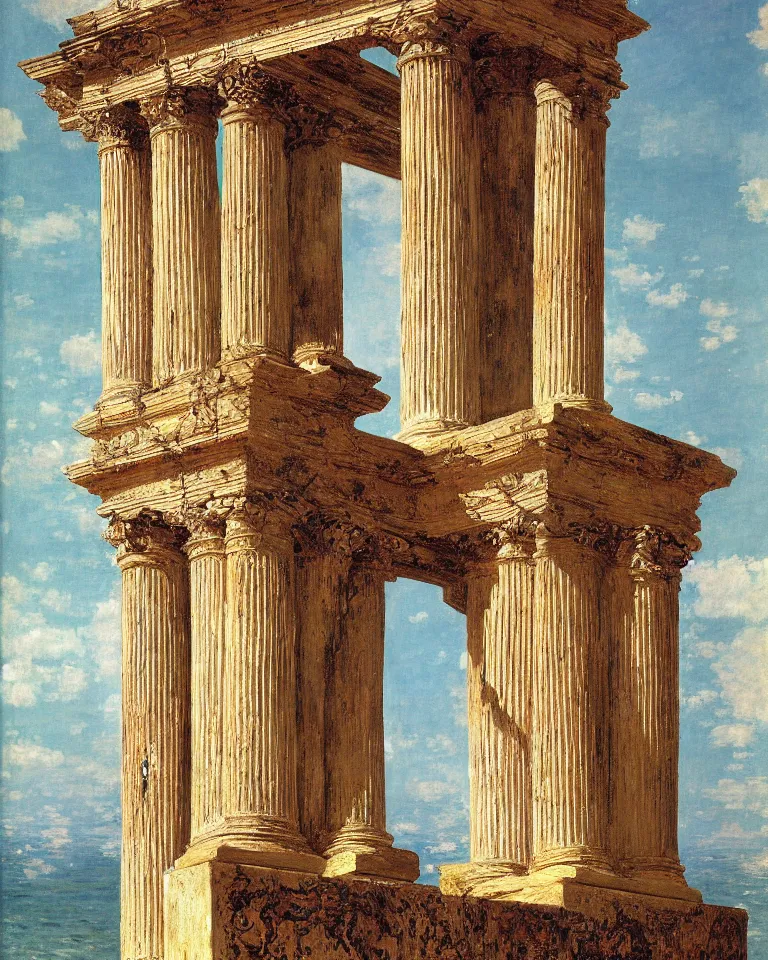 Prompt: achingly beautiful painting of intricate ancient roman corinthian capital on coral background by rene magritte, monet, and turner. giovanni battista piranesi.